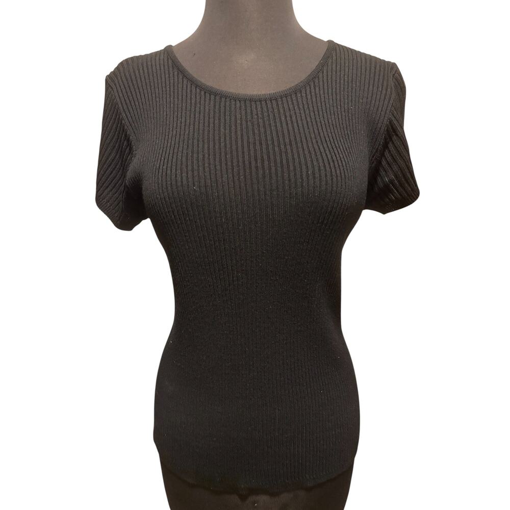 Ellen Tracy Linda Allard Black Ribbed Rayon Short Sleeve Vintage Top Sz S
